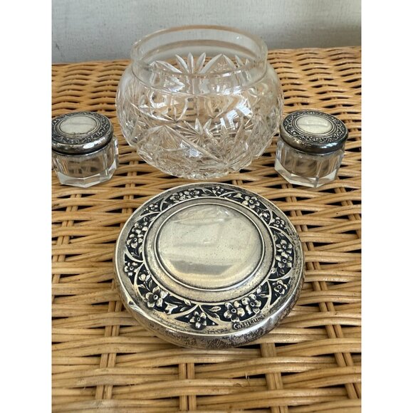 Antique 30's Vanity Jars Cut Crystal Floral Wallace Sterling Silver Tops Set 3 - Picture 3 of 16